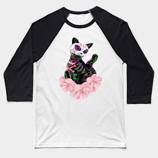 Day Of The Dead Sugar Skull Cat Pink Flowers Baseball T-Shirt